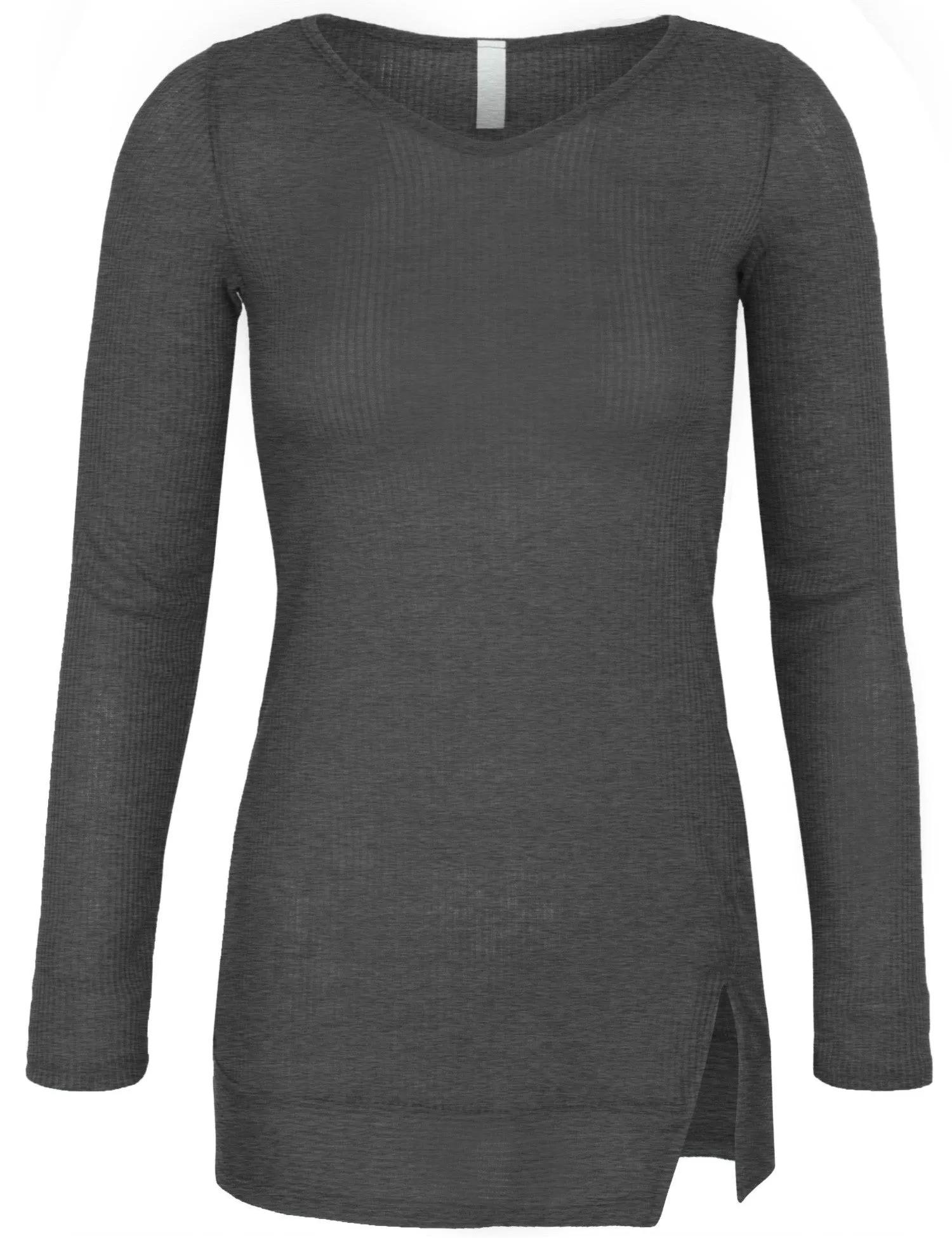 Long Sleeve Ribbed Knit V Neck Front Slit Top T Shirt