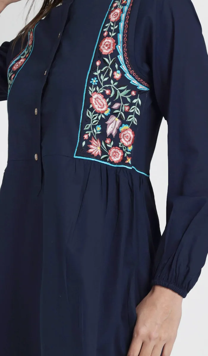 Marzo Embroidered Cotton Modest Buttondown Tunic - Navy