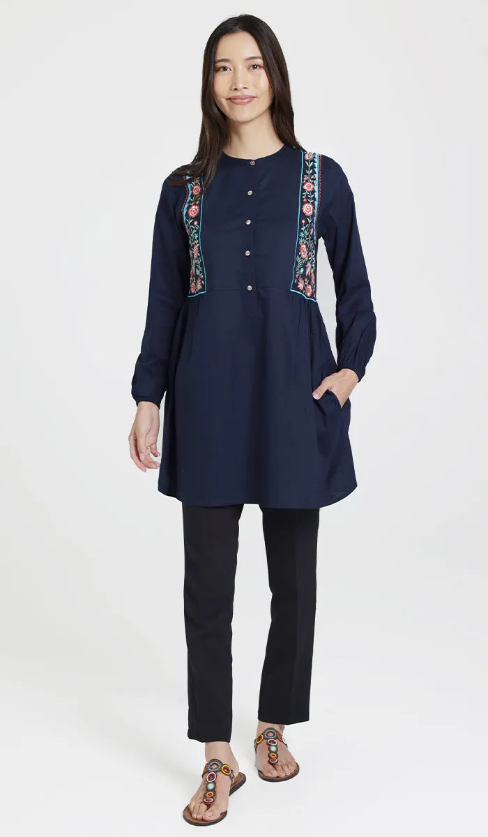 Marzo Embroidered Cotton Modest Buttondown Tunic - Navy