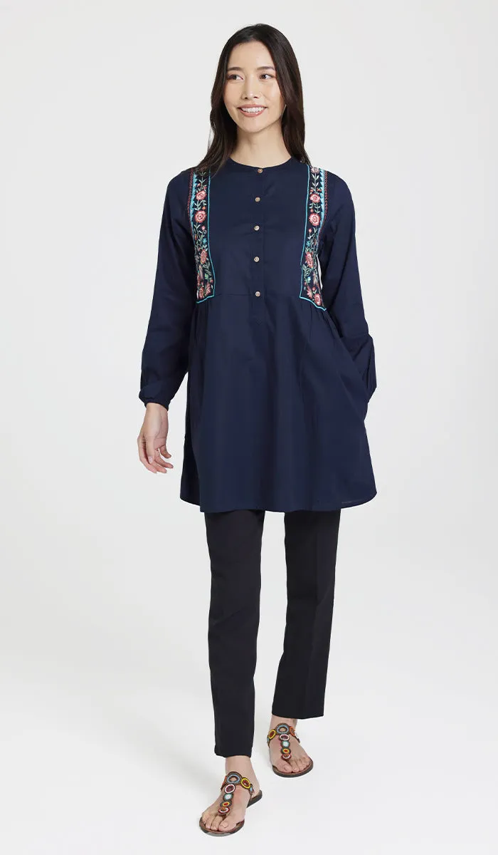 Marzo Embroidered Cotton Modest Buttondown Tunic - Navy