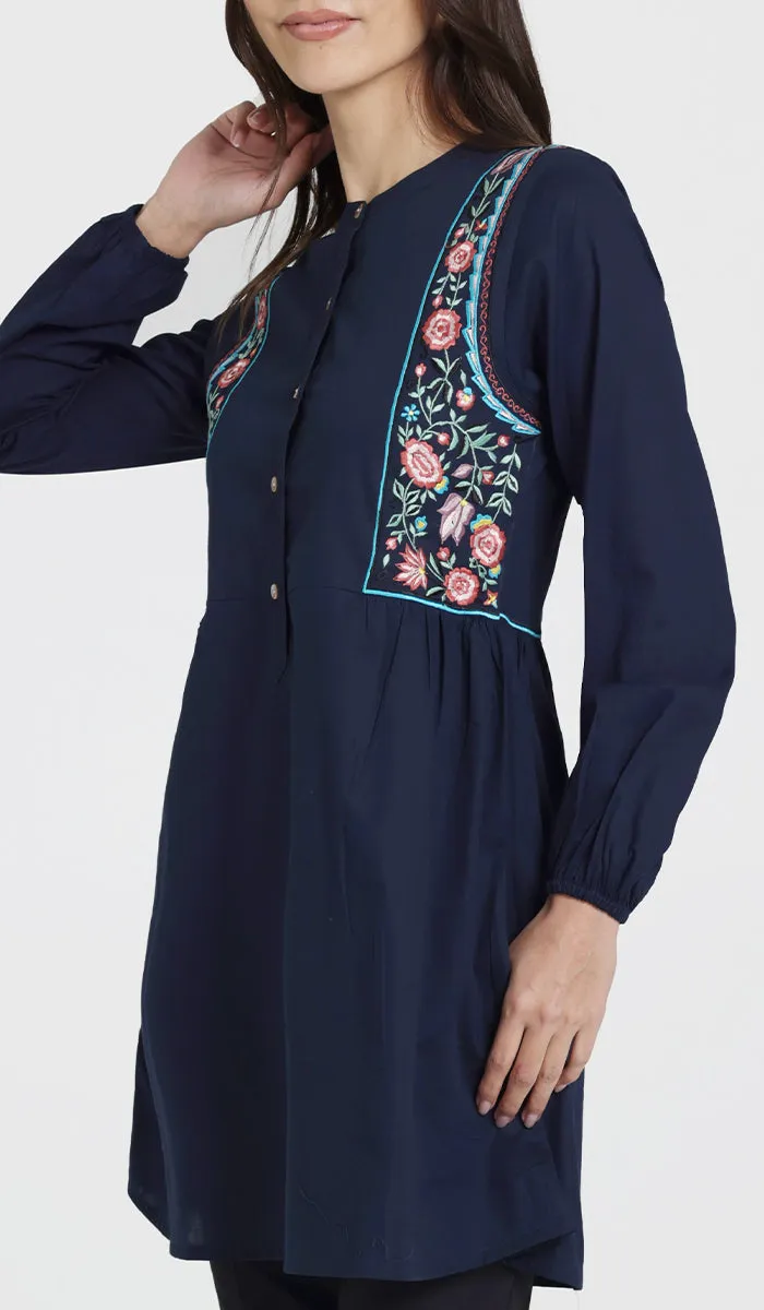 Marzo Embroidered Cotton Modest Buttondown Tunic - Navy