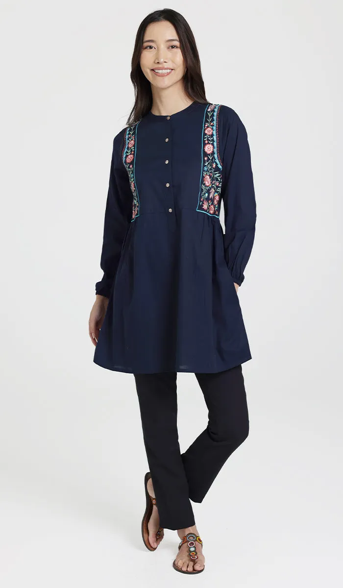 Marzo Embroidered Cotton Modest Buttondown Tunic - Navy