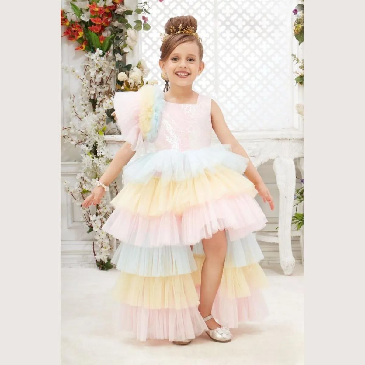 Multi High Low Sequin Layered Girls Gown