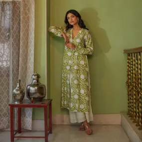 Muslin Tunic Kurta Set for Women | Handblock Print | Green