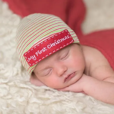 My First Christmas Striped Hospital Hat and Gender Neutral Nursery Beanie - Red, Green, White