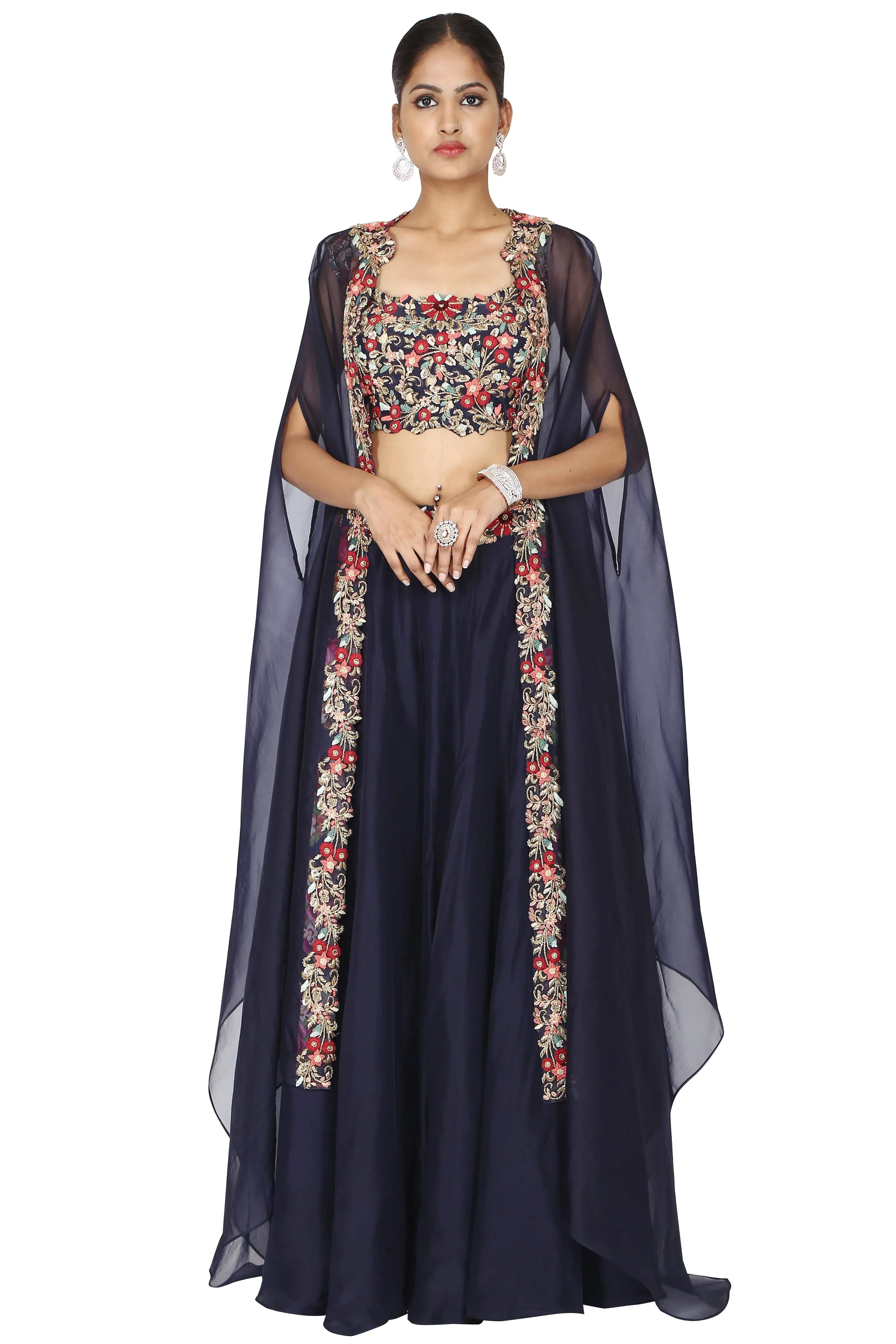 Navy Blue Embroidered Cape and Skirt Set.