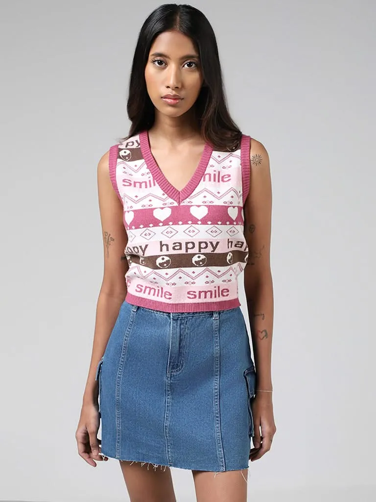 Nuon Pink Typographic Printed Sleeveless Crop Sweater