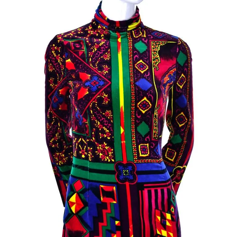 NWT 1990s Gianni Versace Vintage Dress in Bold Abstract Pattern Velvet Size 2