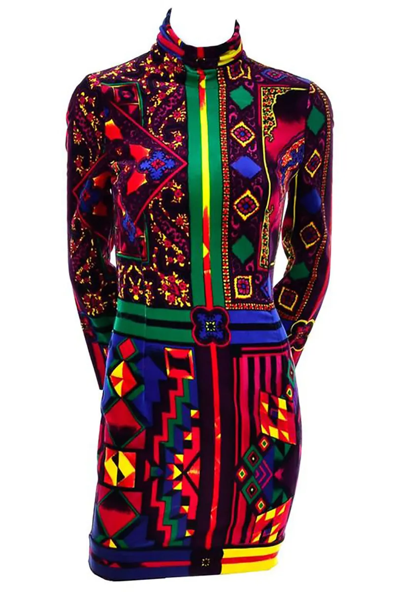 NWT 1990s Gianni Versace Vintage Dress in Bold Abstract Pattern Velvet Size 2