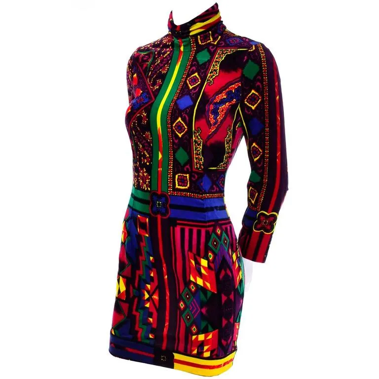 NWT 1990s Gianni Versace Vintage Dress in Bold Abstract Pattern Velvet Size 2