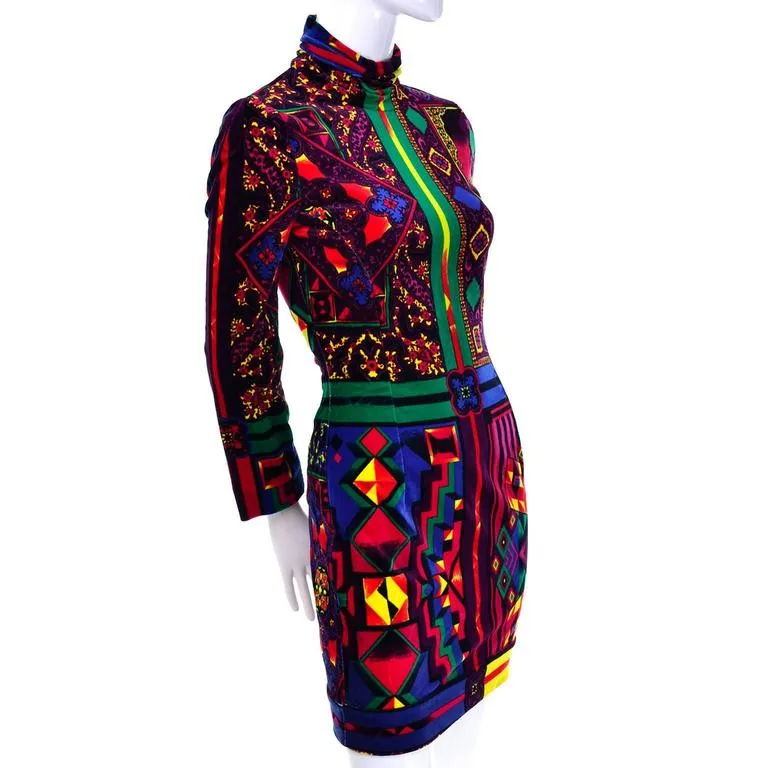 NWT 1990s Gianni Versace Vintage Dress in Bold Abstract Pattern Velvet Size 2