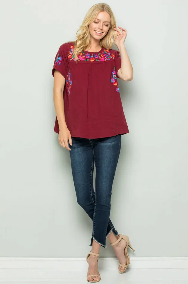 On the Border Embroidered Top, Burgundy