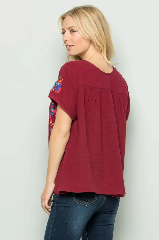 On the Border Embroidered Top, Burgundy