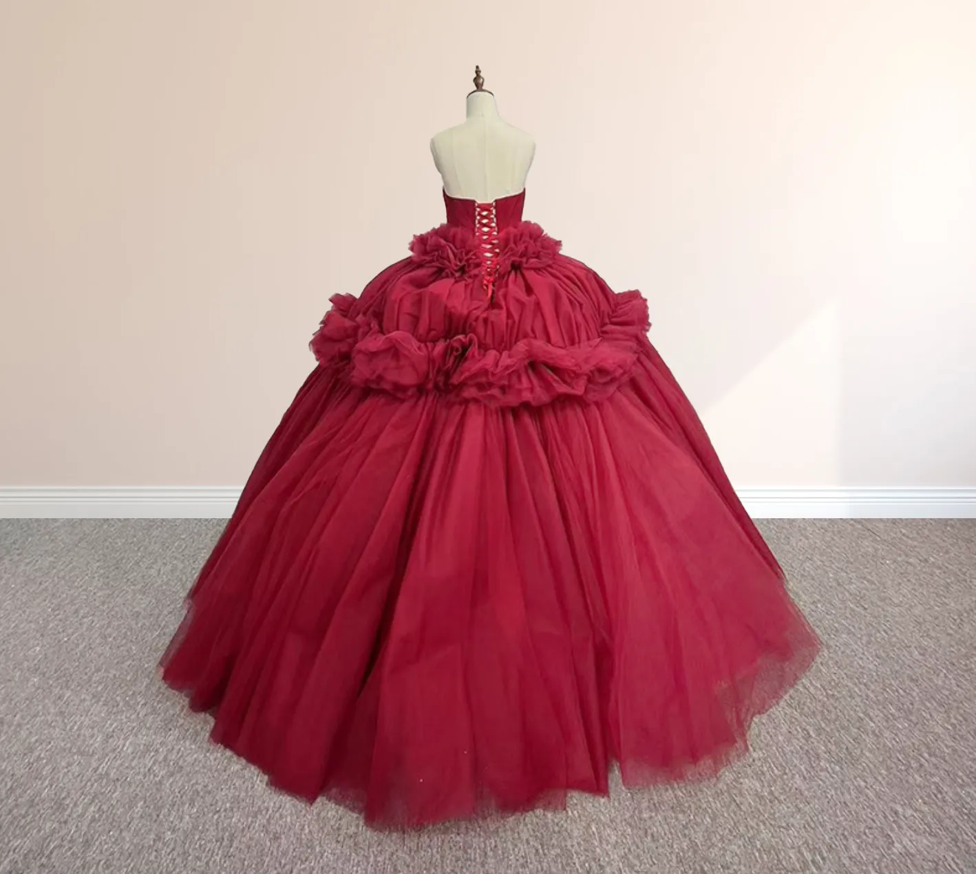 Peplum Red Sleeveless Quinceañera Ball Gown Party Dress