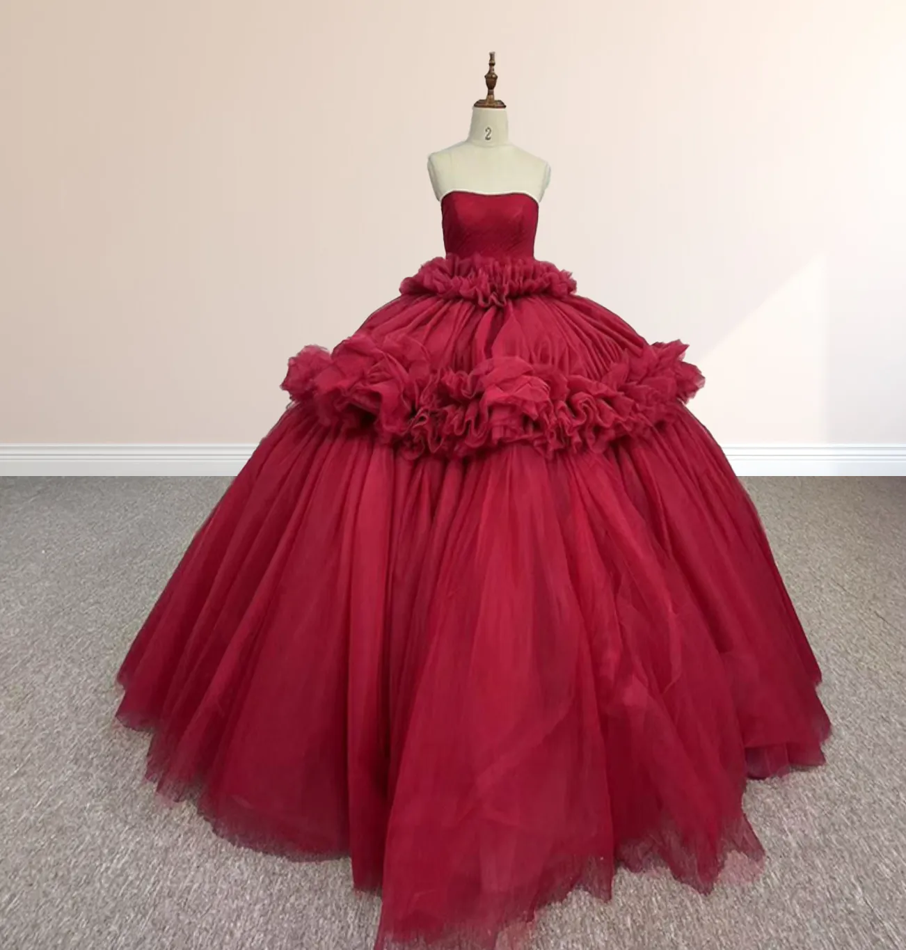 Peplum Red Sleeveless Quinceañera Ball Gown Party Dress