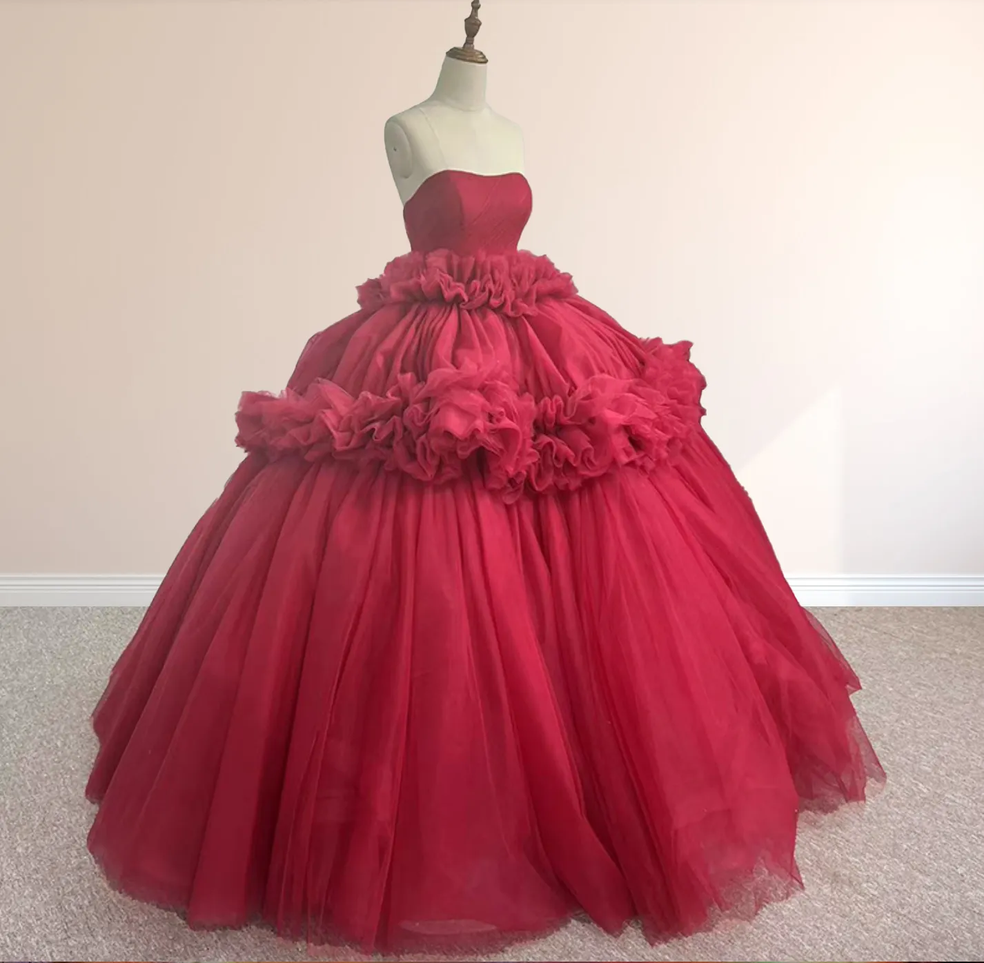 Peplum Red Sleeveless Quinceañera Ball Gown Party Dress