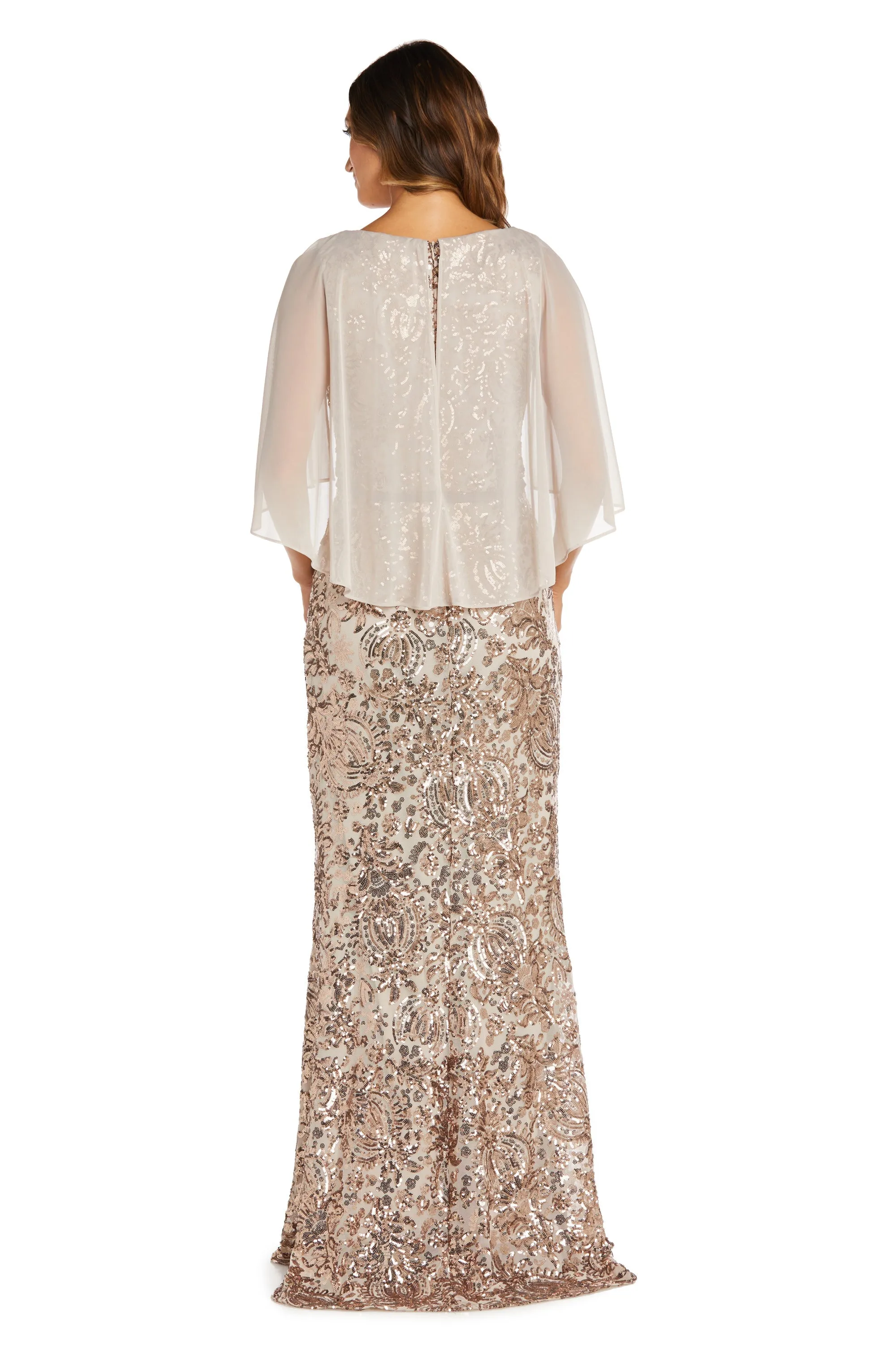 Petite Women All Over Sequin Capelet  Gown - Champagne