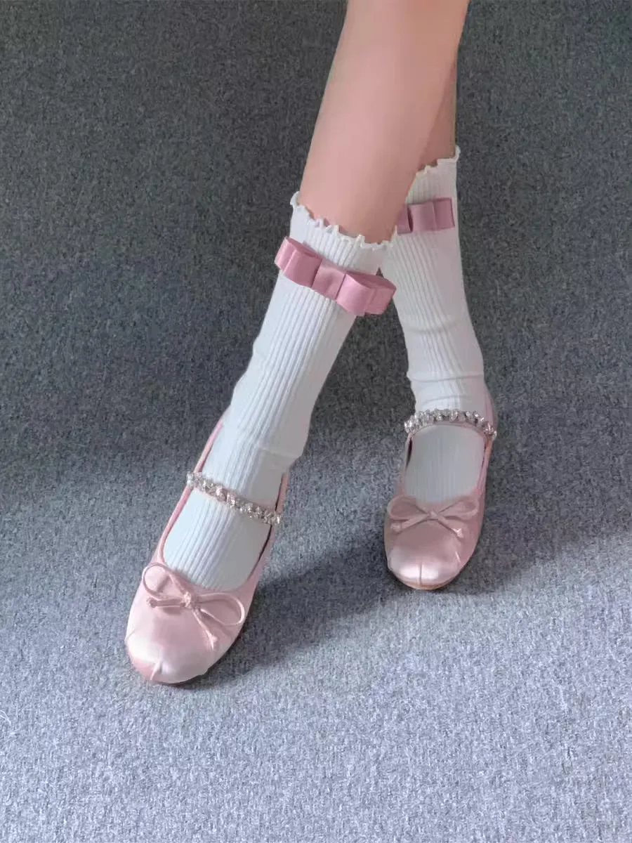 Pink rhinestone glittering ballet-style flat shoes for women