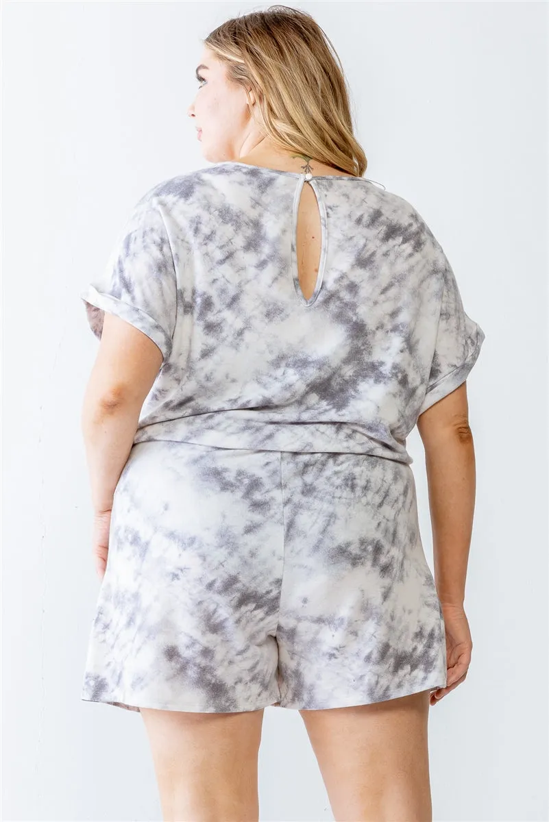 Plus Ivory & Grey Tie-dye Print Two Pocket Romper Voluptuous ( ) Size - Ships from The US