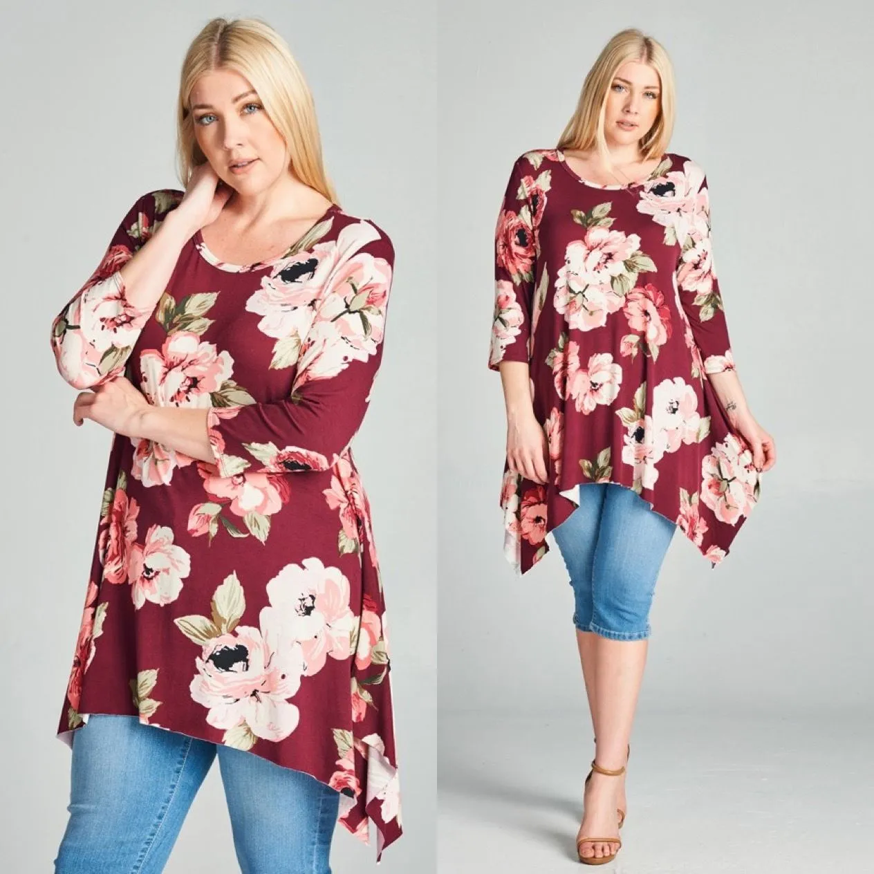 Plus Top Floral 3/4 Sleeve Casual Shark Bite Asymmetrical Spring Wine