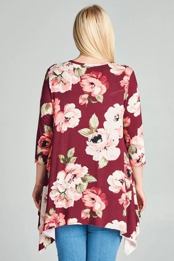 Plus Top Floral 3/4 Sleeve Casual Shark Bite Asymmetrical Spring Wine