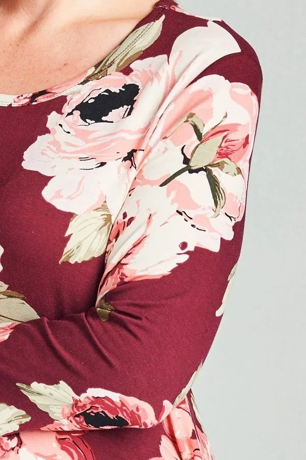 Plus Top Floral 3/4 Sleeve Casual Shark Bite Asymmetrical Spring Wine