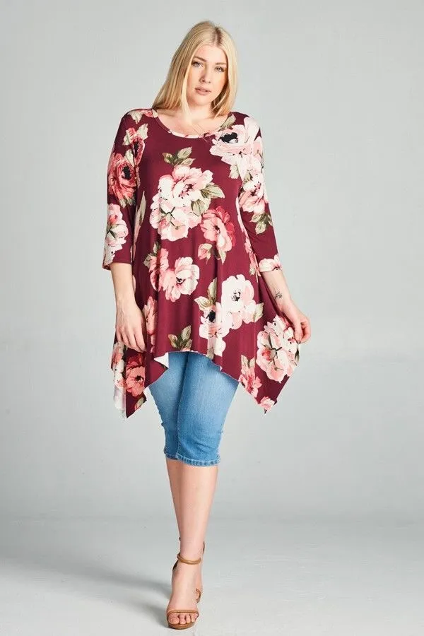 Plus Top Floral 3/4 Sleeve Casual Shark Bite Asymmetrical Spring Wine