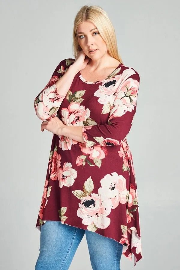 Plus Top Floral 3/4 Sleeve Casual Shark Bite Asymmetrical Spring Wine