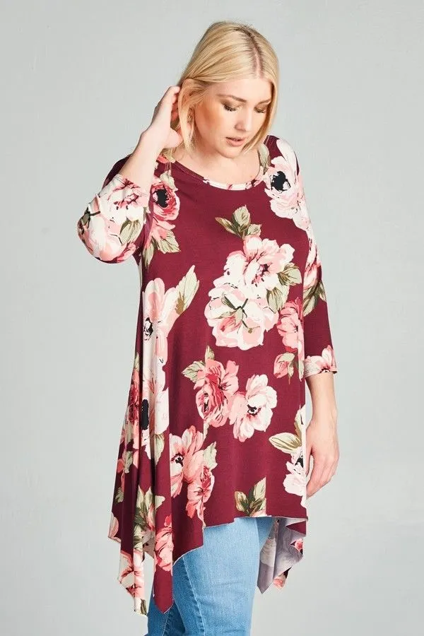 Plus Top Floral 3/4 Sleeve Casual Shark Bite Asymmetrical Spring Wine