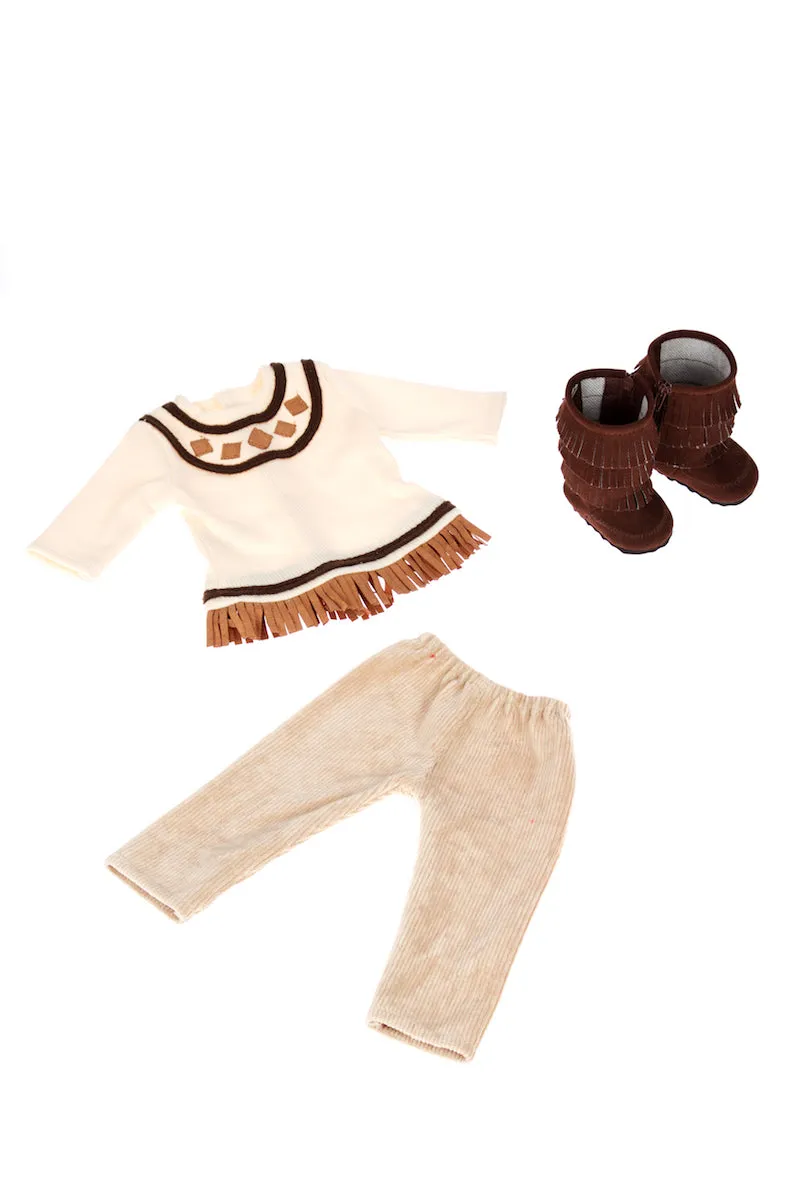 Pocahontas - Doll Clothes for 18 inch Dolls - 3 Piece Doll Outfit - Ivory Tunic, Corduroy Pants and Brown Boots