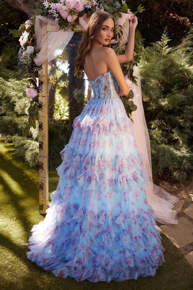 Rebecca Prom Dress Floral Printed Strapless Gown 6201334TKR-Blue   Andrea & Leo A1334