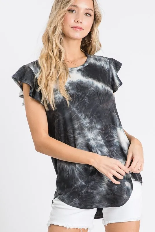 Ruffle Tie Dye Top, Black & Ivory