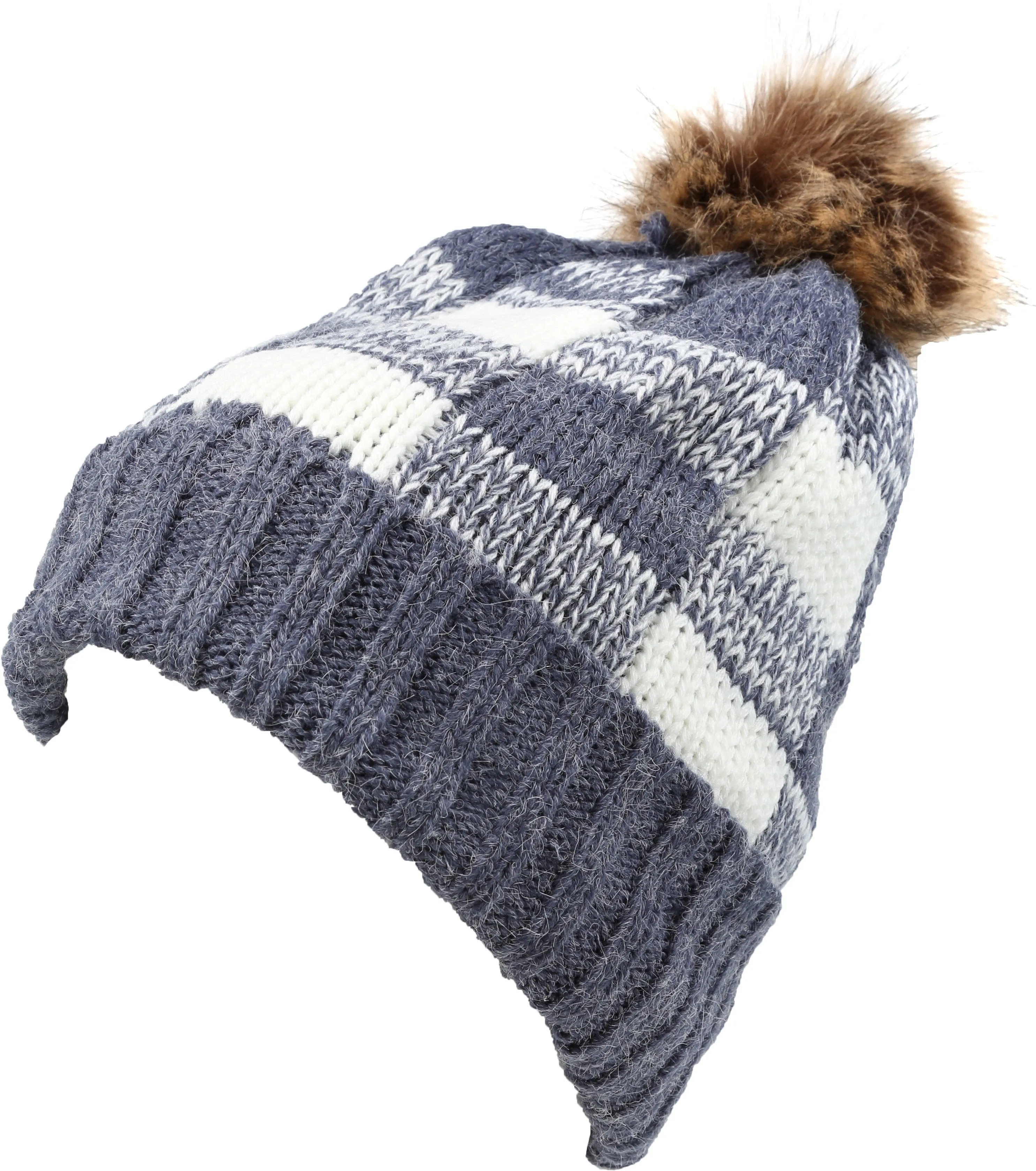 Sakkas Baya Long Tall Checker Pattern Fold Over Faux Fur Pom Pom Unisex Beanie Hat