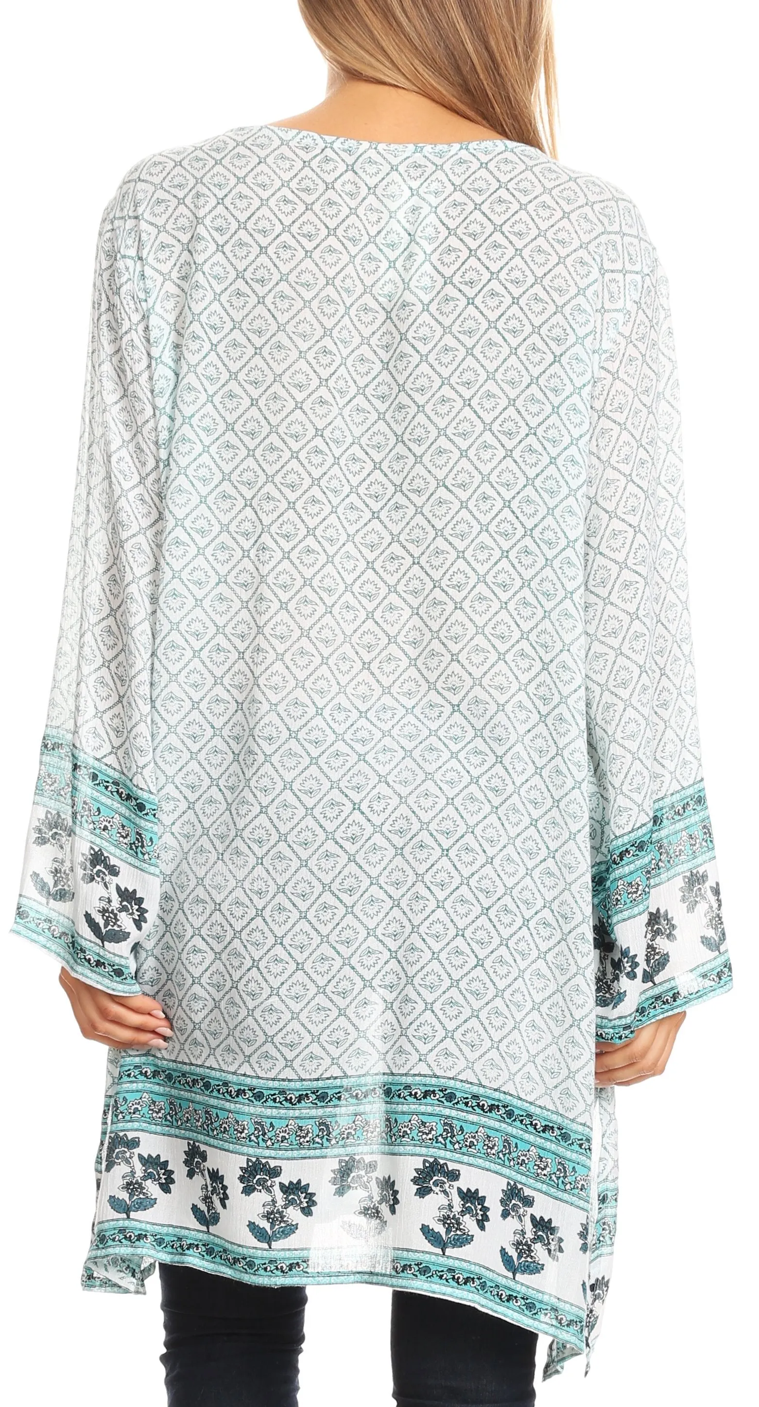 Sakkas Dalila Soft Crinckle Damask Printed Rayon Tunic Blouse with Embroidery