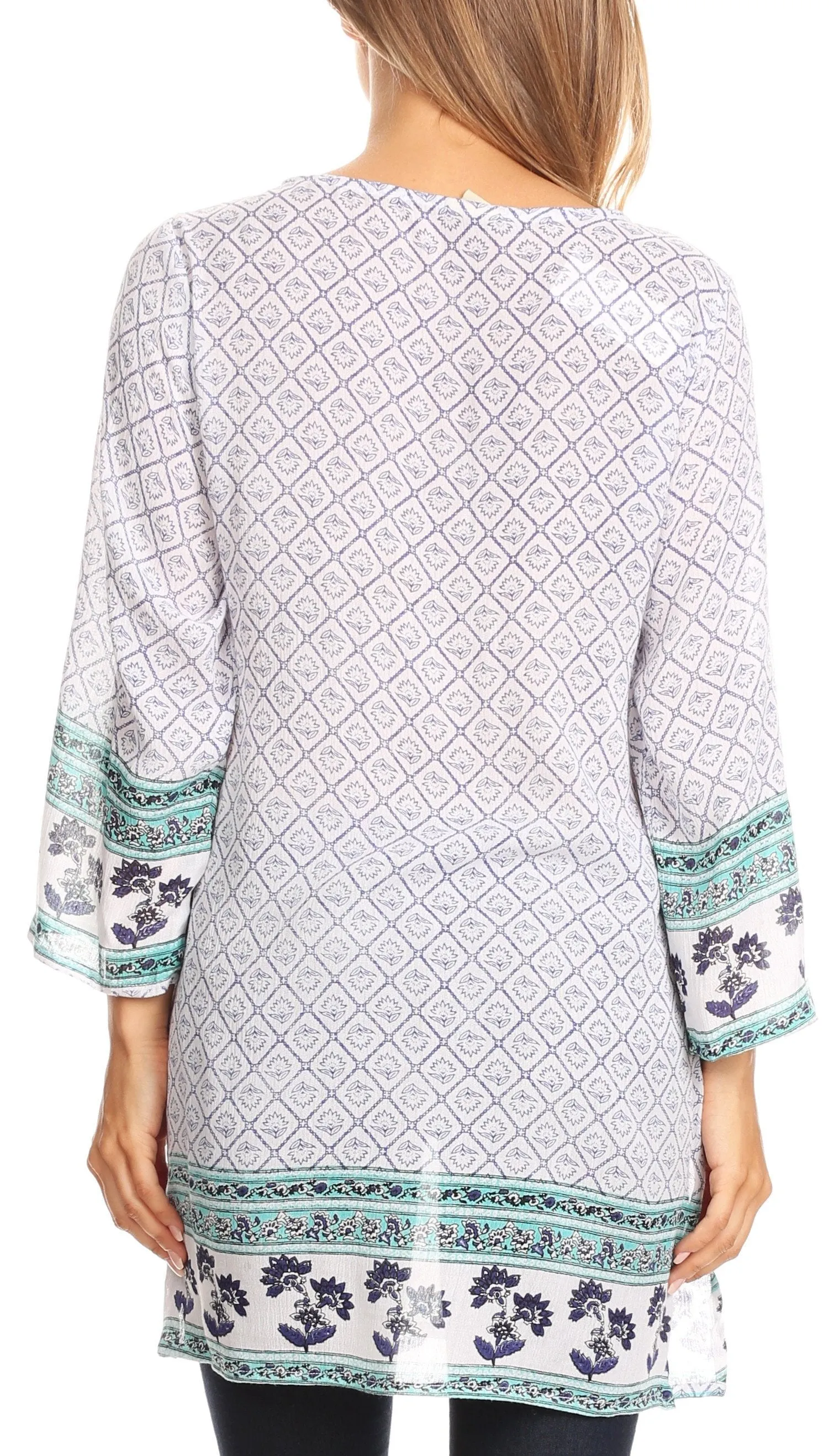 Sakkas Dalila Soft Crinckle Damask Printed Rayon Tunic Blouse with Embroidery