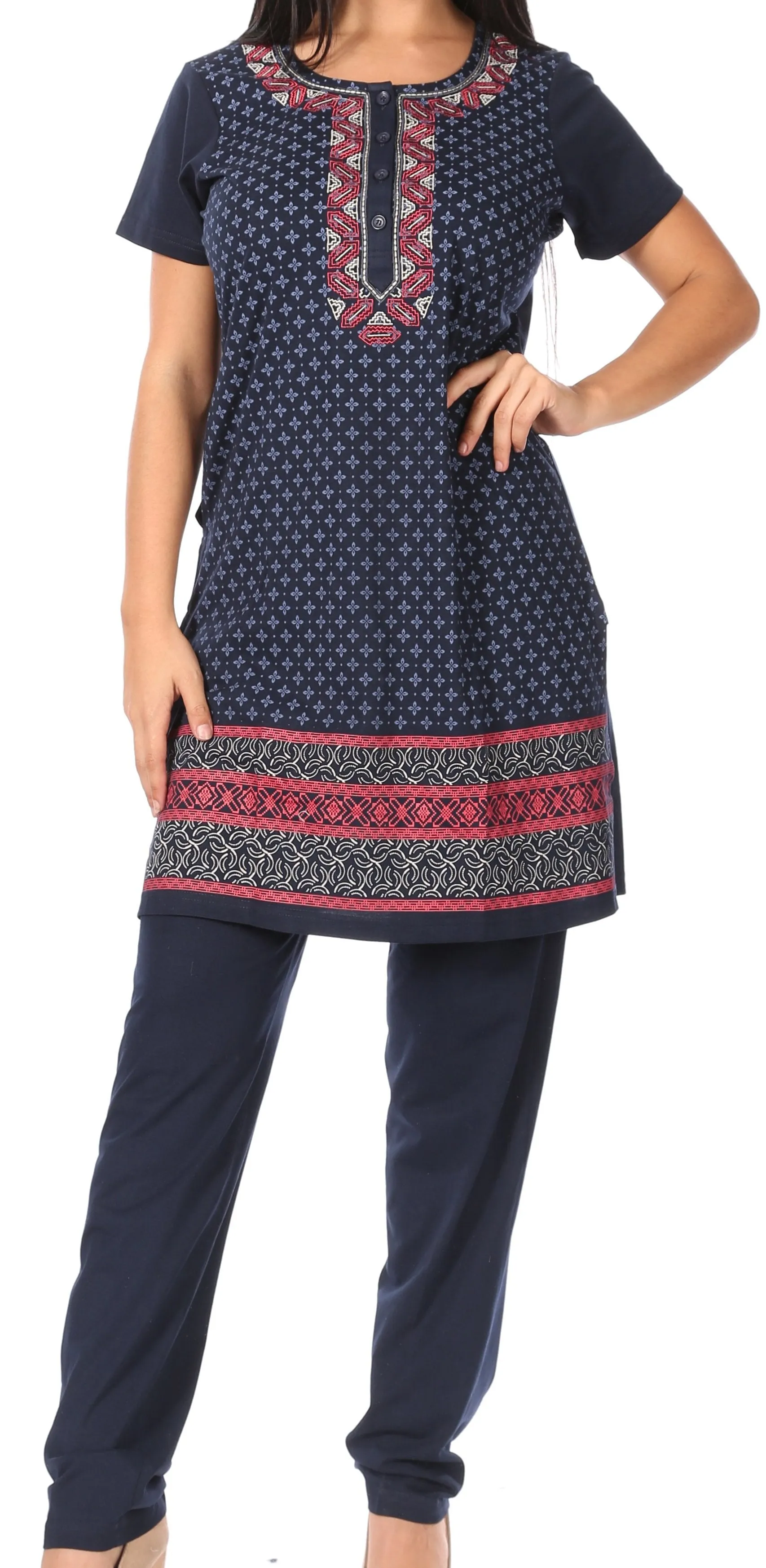 Sakkas Maria Women's Casual Tunic Kurta Knit Plain Embroidered Kurti Pant Set Soft