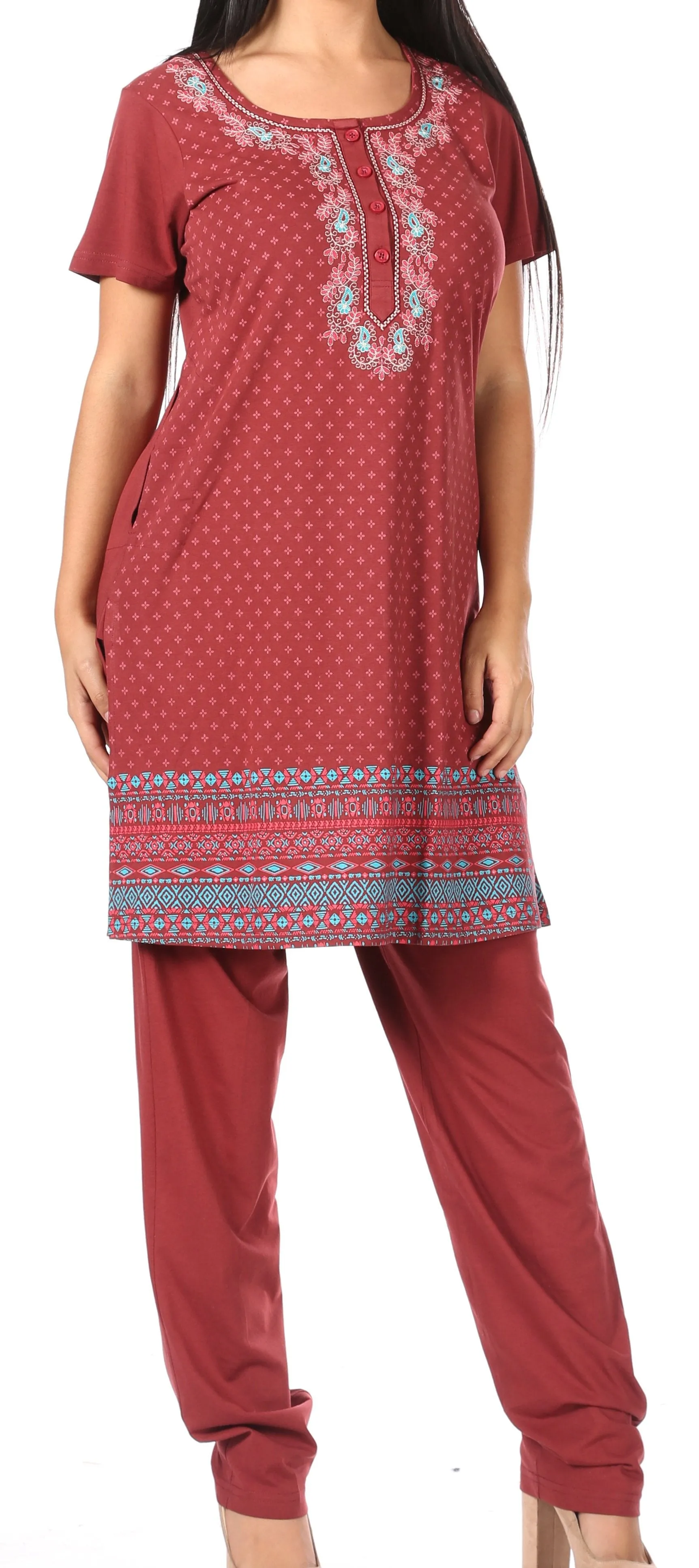 Sakkas Maria Women's Casual Tunic Kurta Knit Plain Embroidered Kurti Pant Set Soft