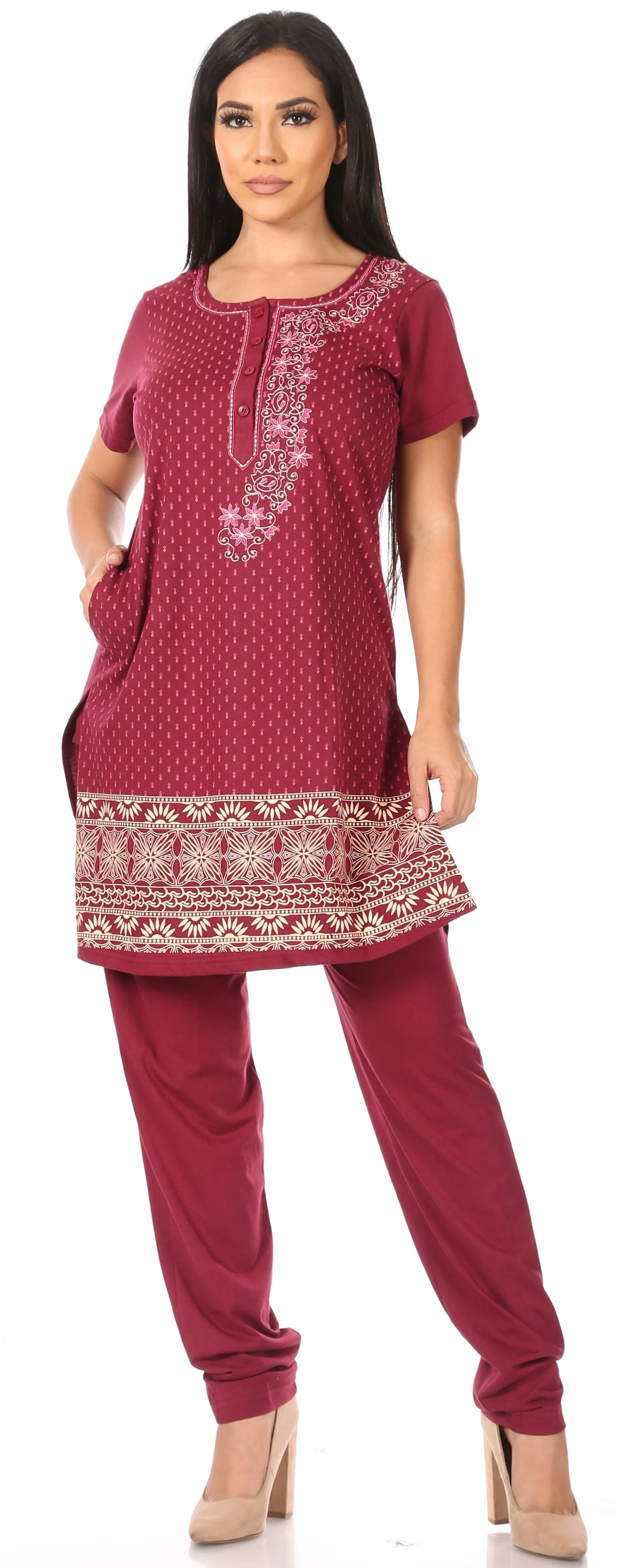 Sakkas Maria Women's Casual Tunic Kurta Knit Plain Embroidered Kurti Pant Set Soft