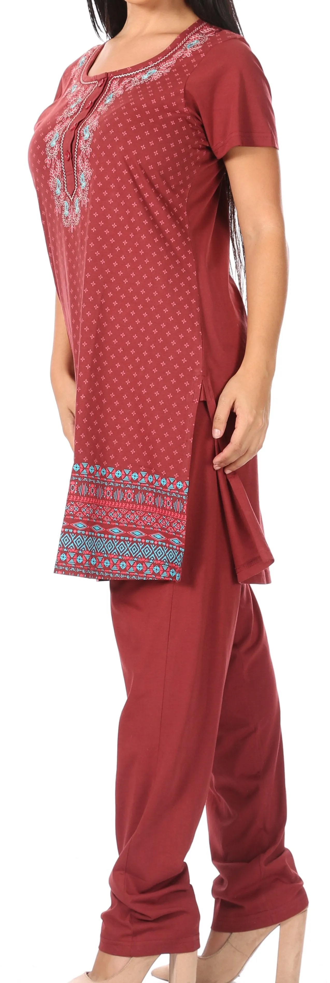 Sakkas Maria Women's Casual Tunic Kurta Knit Plain Embroidered Kurti Pant Set Soft