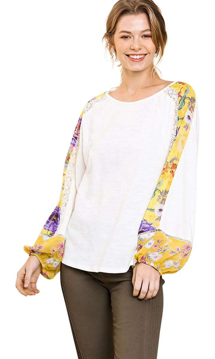 Sheer Floral Puff Sleeve Knit Top, Ivory