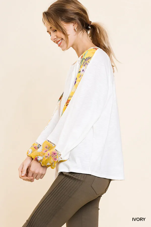 Sheer Floral Puff Sleeve Knit Top, Ivory