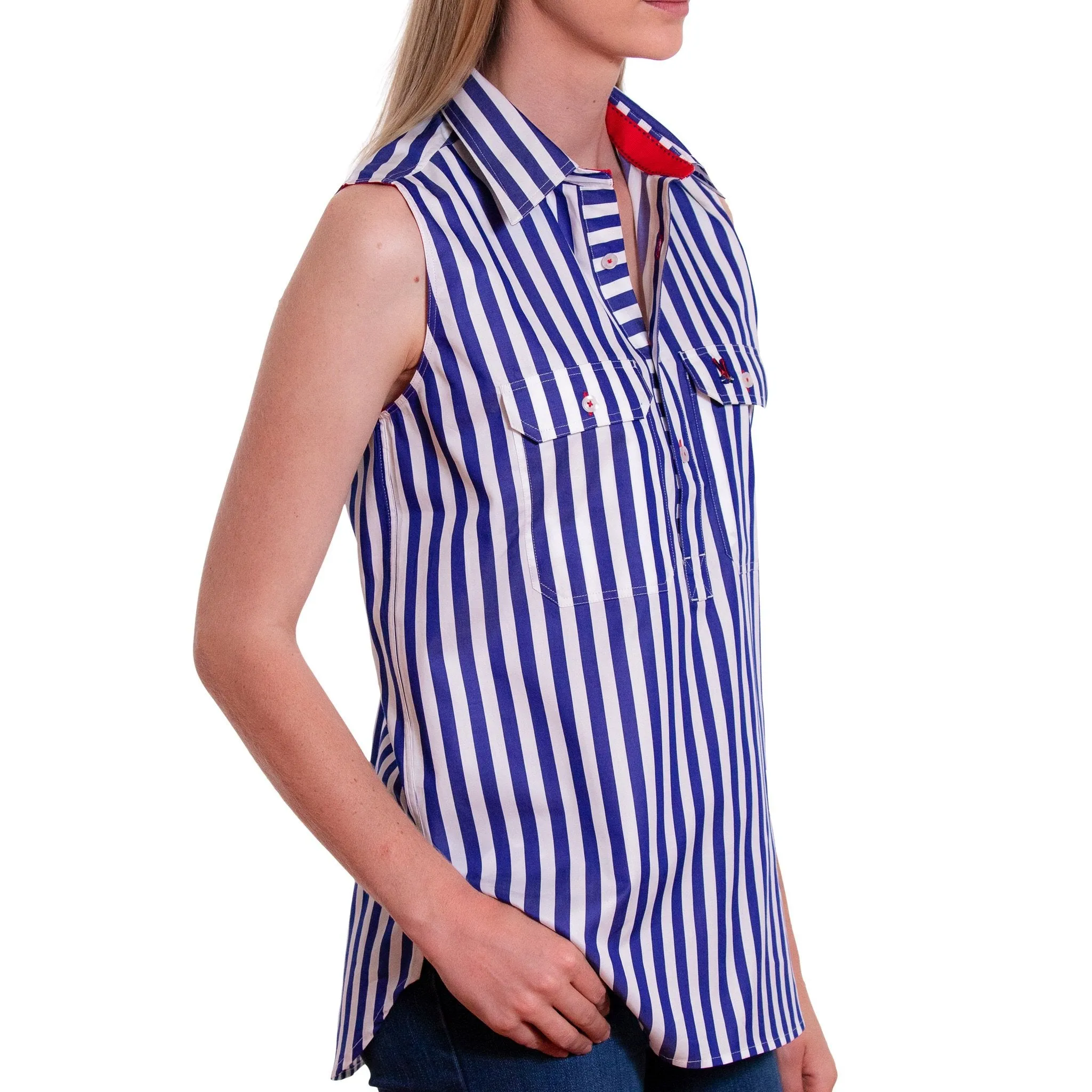 Sleeveless Navy Stripe/Red Trim