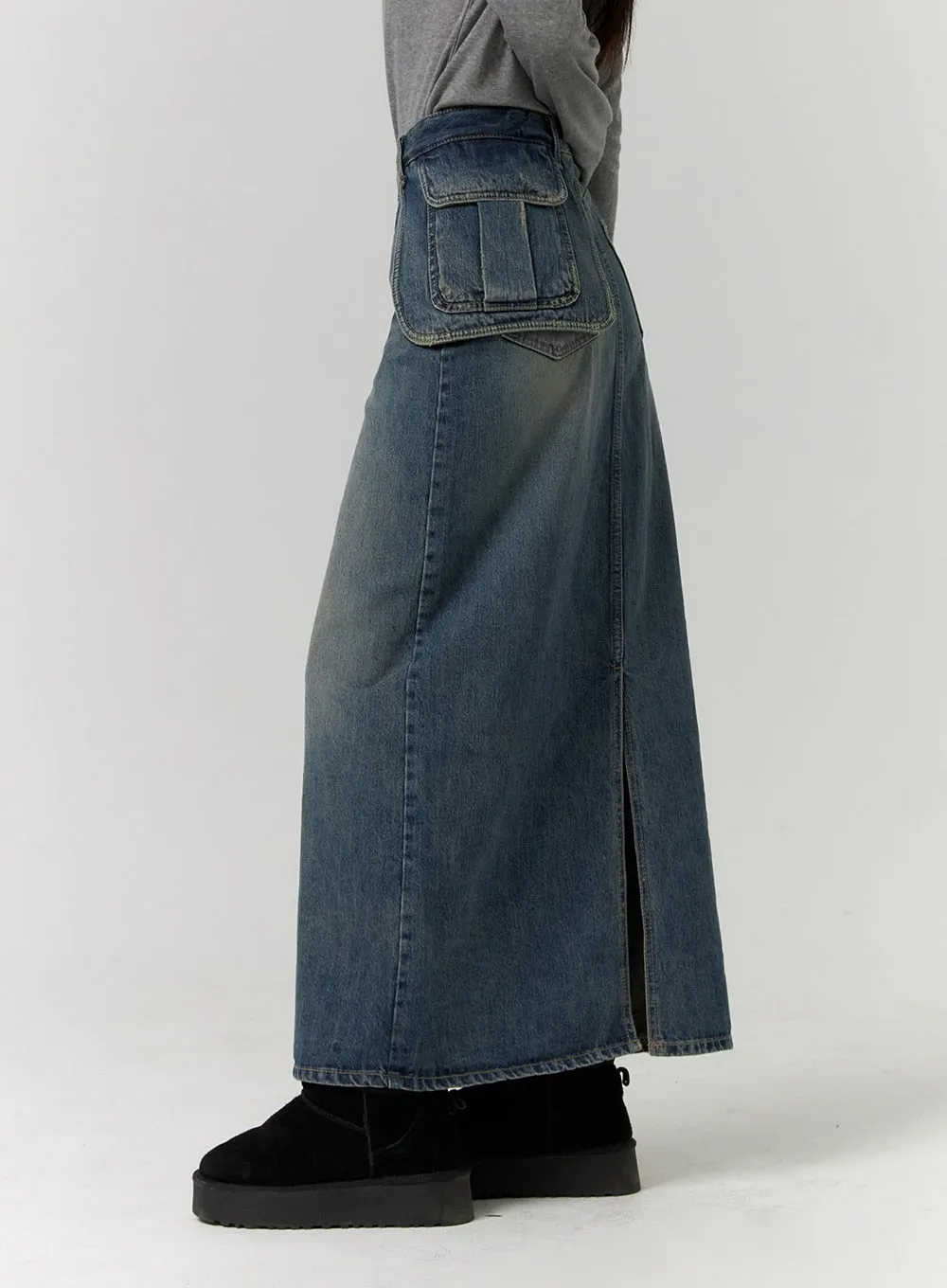 Solid Denim Maxi Skirt CD315