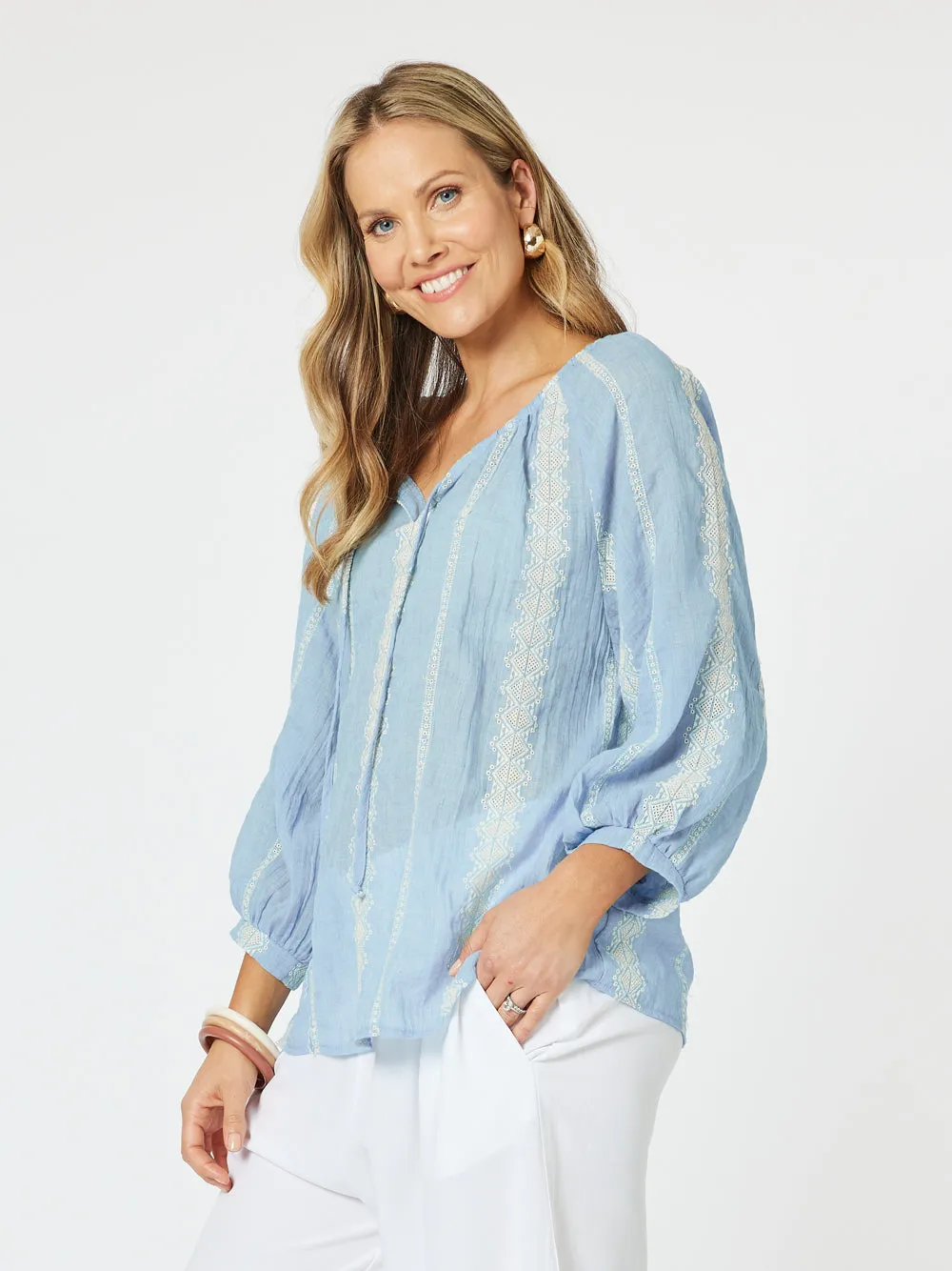 Sorrento Embroidered Top - Blue