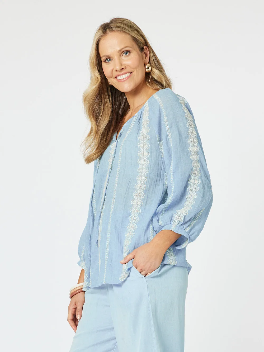 Sorrento Embroidered Top - Blue