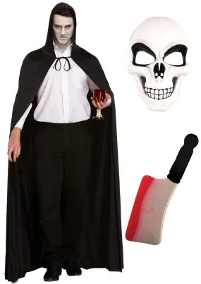 Specter of Dread Costume Set: Long Black Cape, Hood, White Skeleton Face Mask, and Fake Blooded Cleaver Weapon