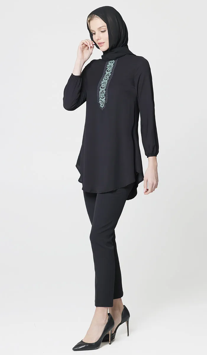 Suroor Embroidered Long Modest Tunic - Black