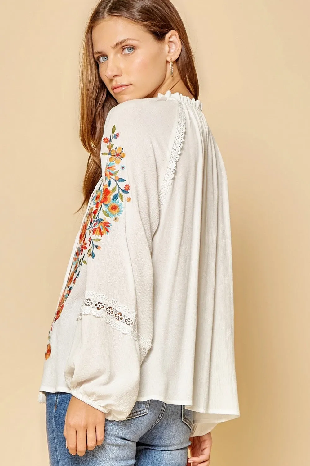 Tassel Tie Embroidered Top, Ivory