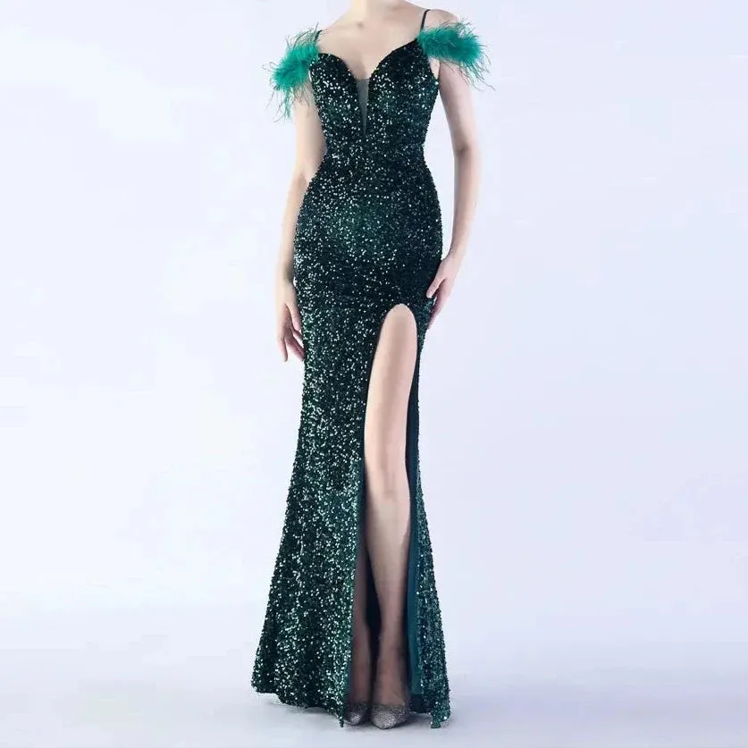 Tatum Spaghetti Straps Sequin With Feathers Mermaid Dress