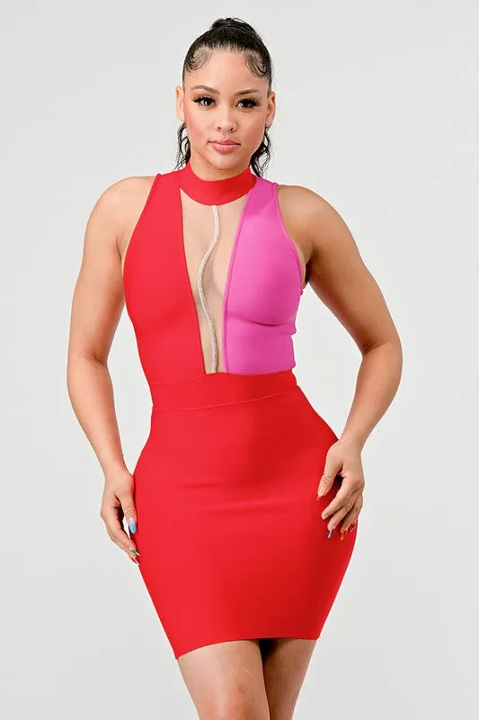 Two Tone Contrast Mini Bandage Dress With Front Mesh Detail